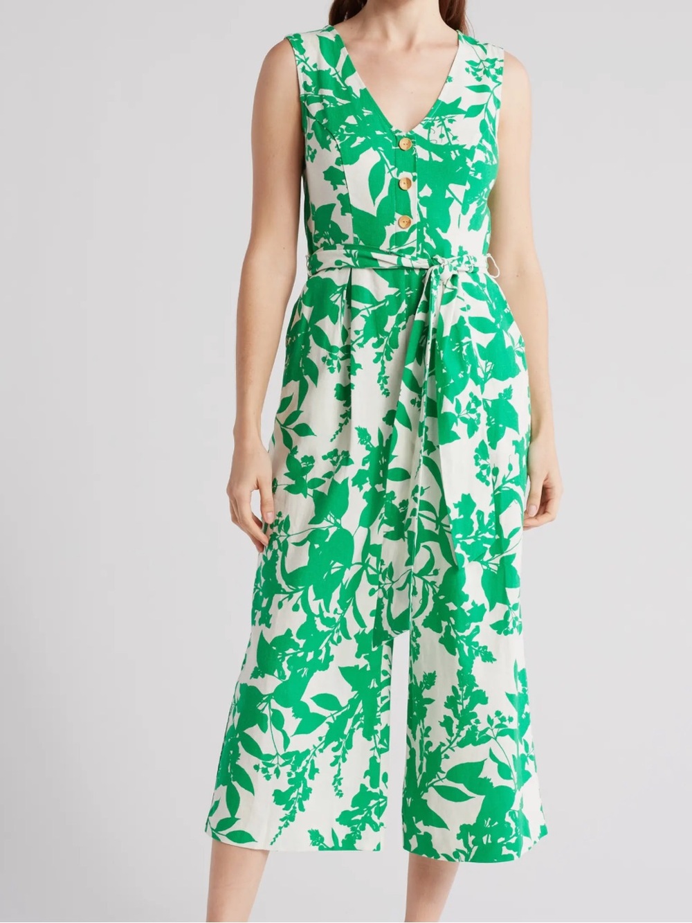 Eliza J Green & White V-Neck Sleeveless Wide-Leg Jumpsuit